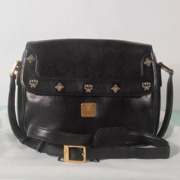MCM Handbags - Authentic MCM Vintage Black Leather Studded Logo Motifs Small Flap Shoulder Bag